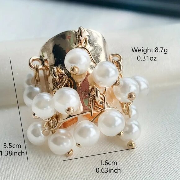 Adjustable Band Gold Plated Pearl Dangle Elegant Statement Ring - Picture 7 of 7